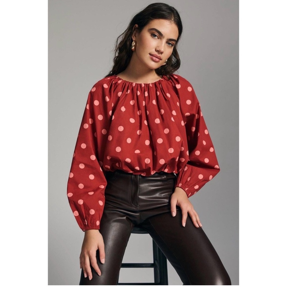 Maeve Anthropologie bubble poplin top polka dot red pink blouse women s small